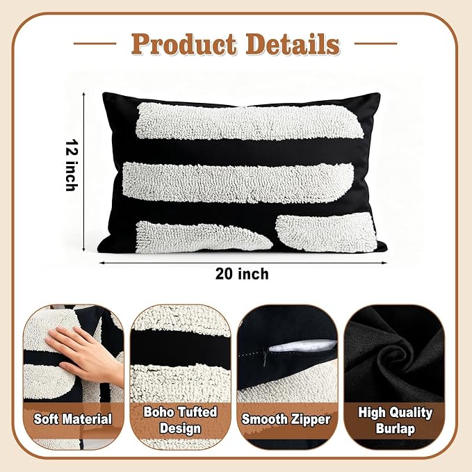 LandIdyll 4 Pcs Black and Cream Chunky Tufted Pillow Covers 12 x 20 Inch Boho Black and White Throw Pillow Covers Set Decorative Modern Abstract Geometric Pillowcase for Living Room Bed Couch Sofa