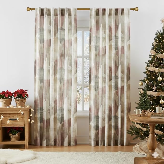 Kayne Studio Red Brown Watercolor Semi Sheer Curtain Panels, Boho Ink Geo Print Light Filtering Farmhouse Drapes for Living Room Bedroom, Back Tab Rod Pocket Window Treatment Set,W52 x L63,2 Panels
