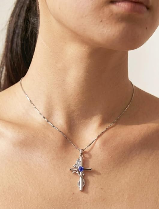 STARCHENIE Butterfly Cross Necklace 925 Sterling Silver Crucifix Pendant Birthstone Jewelry for Women