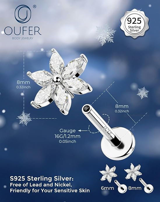 OUFER 16G Flower CZ Internally Threaded Flat Back Helix Stud 925 Sterling Silver 6/8mm Cartilage Tragus Nose Conch Daith Labret Medusa Piercing Jewelry