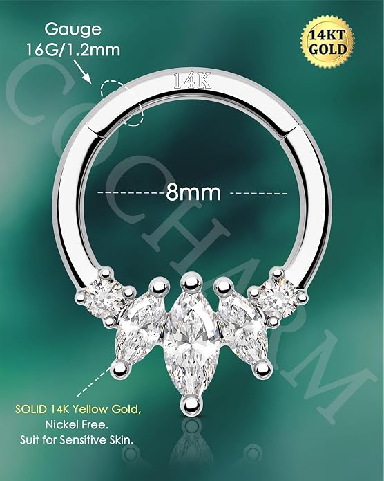 COCHARM 14K Gold Septum Rings 14K Yellow Gold Septum Piercing Jewelry 16g Septum Clicker 14kt Real Gold Daith Earrings Solid Gold Daith Piercing Hoop Daith Jewelry for Women Men