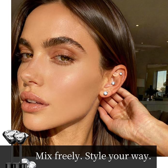 XUU Flat Back Stud Earrings, Implant Grade Titanium Earrings Set for Women, Hypoallergenic 20G Screw Back Earrings for Sensitive Ears, 3–6mm CZ Crystal, Gold Silver Black