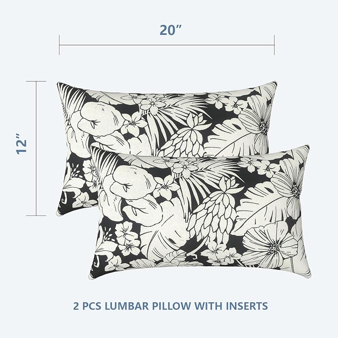 LVTXIII Outdoor/Indoor Lumbar Pillows, Decorative Patio Lumbar Cushions, Fluffy Fade Resistant Throw Pillow Cushions for Home Patio Coach Sofa, 12×20 Inch, Pack of 2, Tropical Blossom Noir