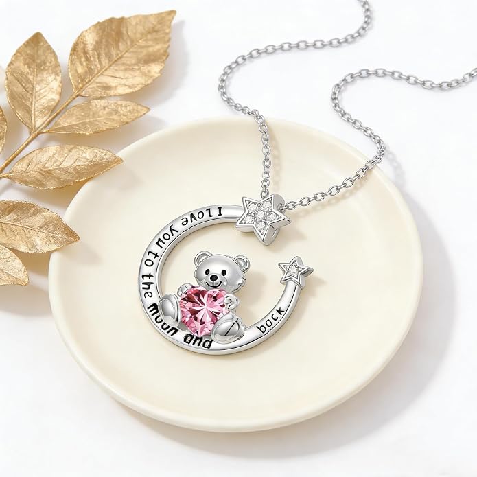 PELOVNY Teddy Bear Necklace for Women 925 Sterling Silver Bear/Highland Cow/Fox/Cat/Axolotl Birthstone Necklace Christmas Birthday Jewelry Gifts for Mom Daughter Wife Sister