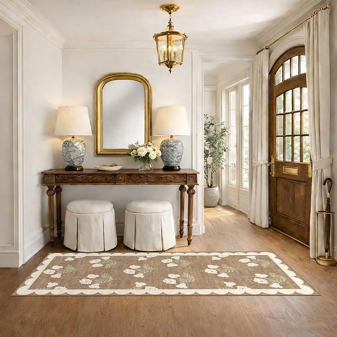 Non Slip Washable Kitchen Runner Rug - 2x6 Tan Floral Hallway Runner Rugs Soft Boho Runners for Hallways Vintage Farmhouse Scalloped Laundry Room Rug Floor Rugs for Bedroom Entryway Bathroom
