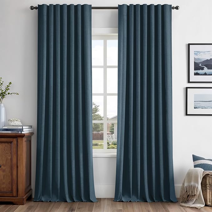 MIULEE 100% Blackout Linen Curtains 42 x 96 Inch Navy Blue 2 Panels | Thermal Insulated, Room Darkening Drapes for Bedroom Living Room, Back Tab Rod Pocket Pinch Pleated, Solid Luxury Decor