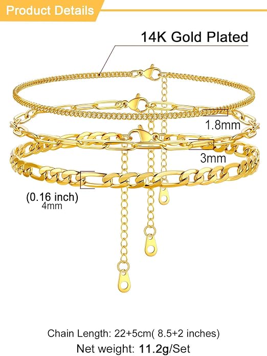 U7 2Pcs/3Pcs Ankle Bracelets for Women, Stainless Steel Cuban Link/Figaro/Rope/Heart Chain Anklets Sets,Waterproof Layered Anklets Adjustable 8.5"-10.5"