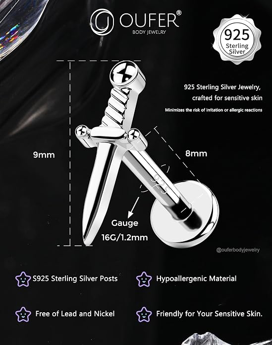 OUFER 925 Sterling Silver Helix Piercing Jewelry, Sword Cartilage Earrings Studs, 16G Flat Back Earrings for Women, Internally Threaded for Helix Conch Tragus Lip Piercing Jewelry