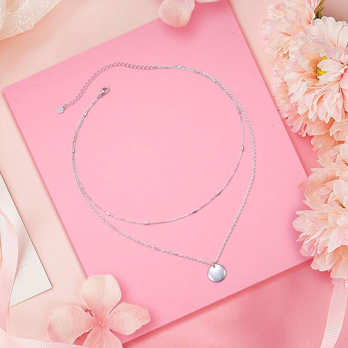 FLYOW Layered Choker Necklace S925 Sterling Silver Star Full Moon Daisy Flower Pendant Disc Jewelry Adjustable Clavicle Necklaces for Women Girls Birthday Gifts