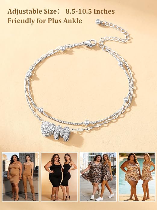 Bestyle Initial Anklet Bracelets for Women Waterproof Non Tarnish 14K Gold/White Gold Plated CZ Anklets for Women Dainty Layered Letter Heart Ankle Bracelets Adjustable Foot Chain Anklet