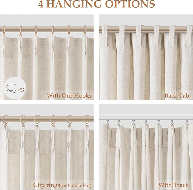 Aersas Natural Pinch Pleat Linen Curtains 116 Inch Length 2 Panels Set for Bedroom Dining Room Semi Sheer Linen Boho Farmhouse Neutral Window Curtains for Living Room Nursery Natural Cream 50x116