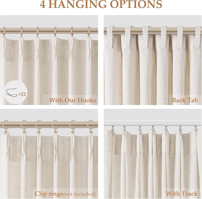 Aersas Natural Pinch Pleat Linen Curtains 98 Inch Length 2 Panels Set for Bedroom Dining Room Semi Sheer Linen Boho Farmhouse Neutral Window Curtains for Living Room Nursery Natural Cream 50x98