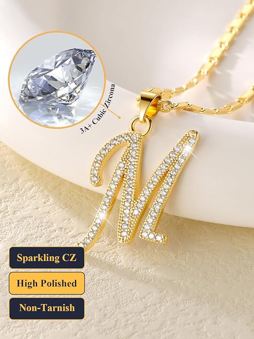 U7 Initial Necklace for Women, Gold/Platinum Plated CZ Crystal Letter A-Z Pendant Necklace, Shiny 20 Inch Name Chain Dainty Personalized Jewelry for Men Mom Wife Friend