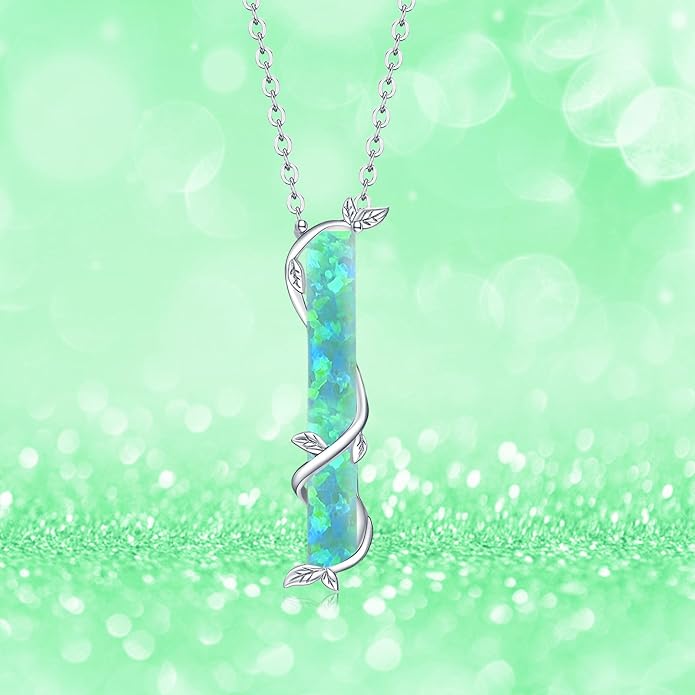 Bar Opal Leaf Necklace For Women S925 Sterling Silver White Opal Pendant with Leaf Charm Bar Pendant Jewelry Gift For Mom Daughter Wife