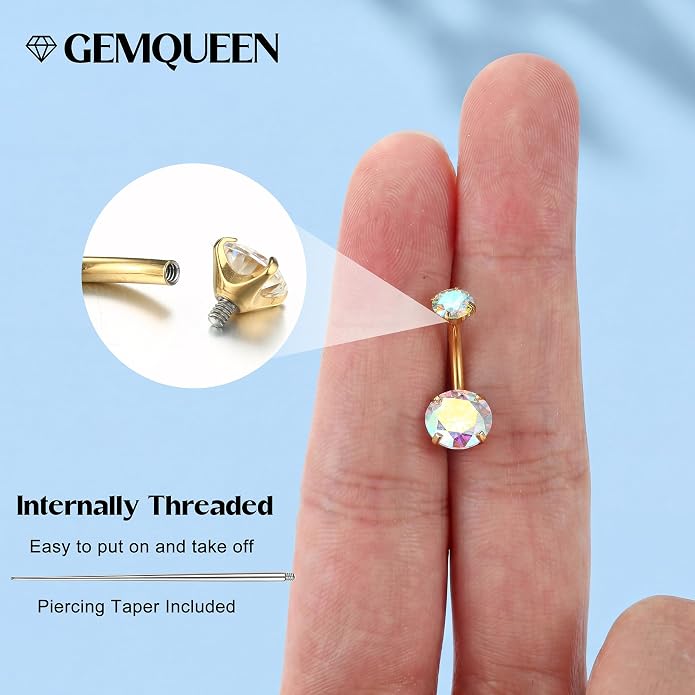 GEMQUEEN Moissanite ＆ G23 TItanium Belly Button Ring 18K Gold Plated Hypoallergenic Internally Threaded Belly Rings 14G Navel Piercing Jewelry For Women Men D Color VVS1 Clarity Brilliant Cut