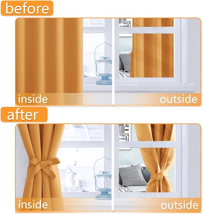 Hiasan Room Darkening Curtains for Bedroom, Noise Reducing, Energy Saving Blackout Window Curtain Panels, Sewn with Tiebacks, Set of 2, Grommet Top (Pumpkin Orange, Width 42 Inch x Length 72 Inch)