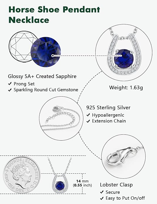 925 Sterling Silver Horseshoe Necklace for Women Round Gemstone Birthstone Necklace Sapphire/Emerald/Ruby/CZ Horse Shoe Pendant Necklaces Jewelry Gift