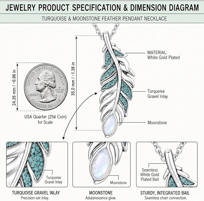 Feather Necklace White Gold Boho Jewelry Nature Inspired Statement Birthstone Pendant Gifts for Women