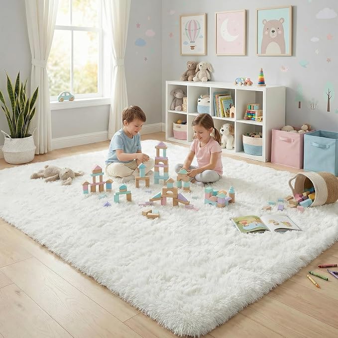 Fluffy Rugs for Living Room: White Soft Shag Rug for Bedroom, Large Fuzzy Plush Indoor Carpet Non Slip Modern Rug for Nursery Kids Room Dorms Office Home Decor, 7x10 Feet
