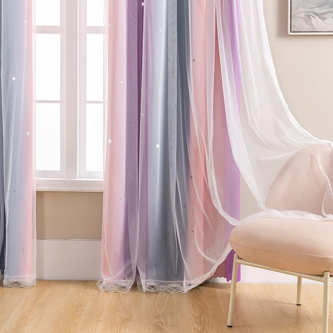 XiDi Blackout Curtains for Girls Bedroom, 63 inches Length 2 Panels Set Kids Room Decro Unicorn Princess Theme Home Decor Grey/Pink/Purple, W34 X L63 2 Panels
