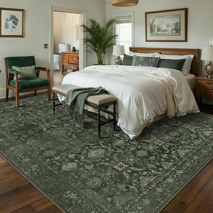 Rugxara Green 8x10 Area Rugs for Living Room Bedroom Large Washable Rug | Non Slip, Rug for Dining Room Bedroom Office Kids Room, Stain Resistant, Soft, Low Pile, Vintage Boho Retro Carpet,Home Decor