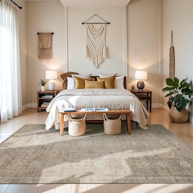 Rugxara Beige 6x9 Area Rugs Washable Rug for Living Room Dining Bedroom | Non Slip, Rug for Office Farmhouse Kids Room, Stain Resistant, Soft, Low Pile, Vintage Boho Floral Retro Carpet, Home Decor