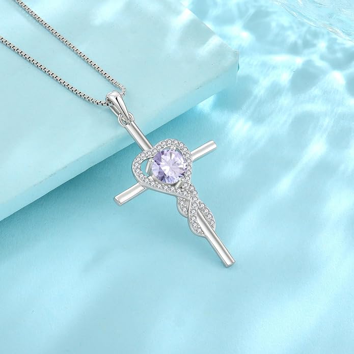 Cross Necklace for Women 925 Sterling Silver Infinity Birthstone Pendant Necklace Religious Christian Jewelry Gifts Wife Mom Her