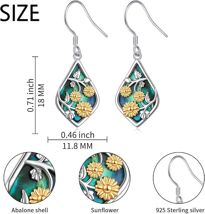 Sunflower Earrings for Women 925 Sterling Silver Dangle Earrings | Hypoallergenic Fishhook, Natural Abalone Shell, 18k Gold Plated Sunflower, Dangle Drop Earrings, Jewelry Gift for Graduation