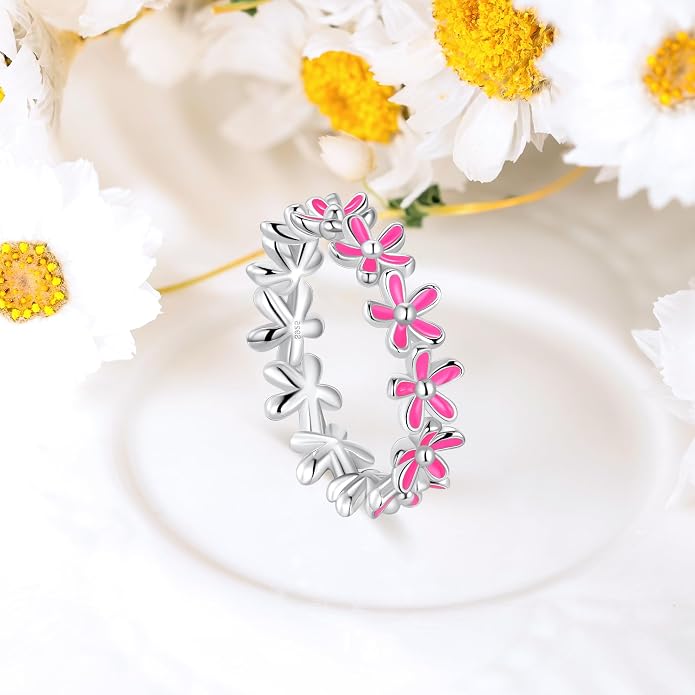 S925 Sterling Silver Dainty Daisy Flower Rings for Women, I Think Of You Every Daisy, 12 Month Birth Flower Ring