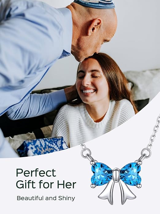 ChicSilver Bow and Cat Birthstone Necklace, 925 Sterling Silver Pendant Necklaces for Women, Hypoallergenic Silver Choker with 16 inch Rolo Chain, 12 Months Jewelry for Valentines Mothers Day Christmas