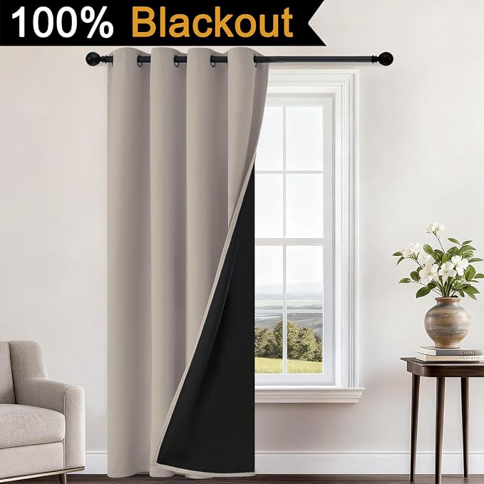 Yakamok Natural Blackout Curtains 96 Inches Long for Bedroom 52" Wide 1 PCS | Blackout Curtain Panels for Bedroom, 2 Thick Layers Grommet Top Thermal Insulated Drapes with Black Liner for Living Room