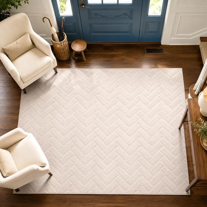Beige Area Rugs for Living Room, 9' x 12' | High-Low Arch Washable Non Slip Indoor Floor Mat Modern Soft Rugs for Bedroom Boho Solid Color Carpet for Dining Room Kitchen