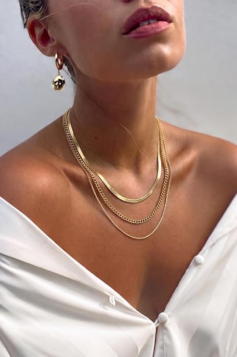 Tewiky Layered Necklaces for Women Non Tarnish- Chunky 14k Gold Plated Herringbone/Snake/Rope/Box/Cuban Link Chain for Women Waterproof Layering Stack Choker Necklace Trendy Dainty Tarnish Free Jewelry Set