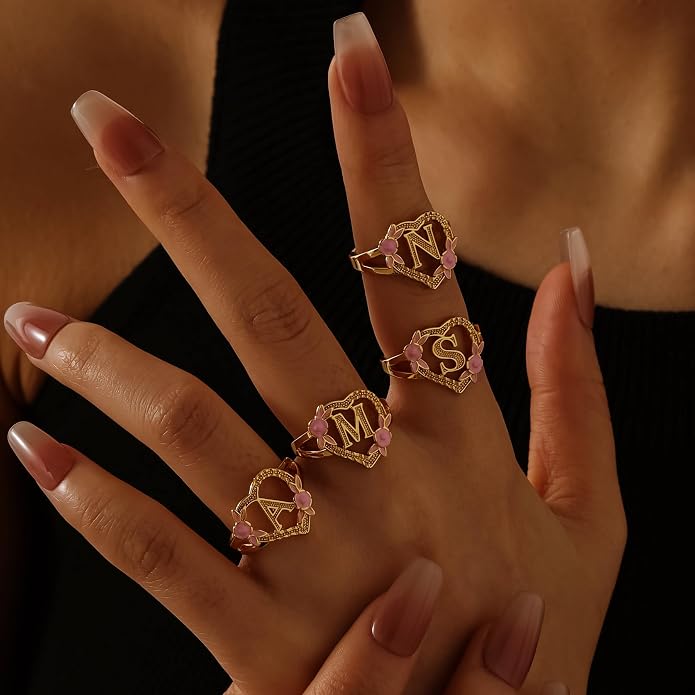 Gold Initial Rings for Women - Non Tarnish Dainty 14K Gold Plated Heart Adjustable Letter Rings for Women, Stackable Cute Thumb Pinky Fashion Open Simple Birthday Gifts Jewelry