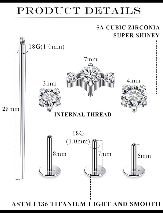 20G 18G 16G Astm F136 Titanium Internal Thread Flat Back Earrings Nose Studs Tragus Forward Helix Conch Cartilage Lobe Earring Stud Medusa Labret Monroe Lip Ring Piercing Jewelry For Women Men