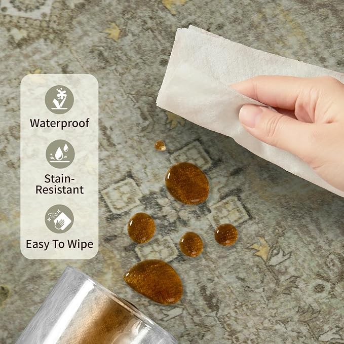 Rugxara 4x6 Area Rug Washable Rug for Living Room Bedroom, Olive Brown | Non Slip, Throw Rug for Entryway Dining Room Office Kids Room, Stain Resistant, Soft, Low Pile, Vintage Boho Floral Carpet