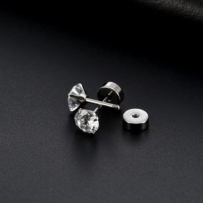 Titanium Earrings for Women Stud Earrings Cubic Zirconia Dainty Screw Flat Back Hypoallergenic Earrings for Women for Multiple Cartilage Helix Conch Tragus Piercing Jewelry for Sensitive Ears