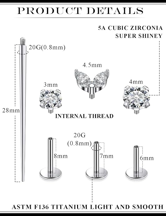 20G 18G 16G Astm F136 Titanium Internal Thread Flat Back Earrings Nose Studs Tragus Forward Helix Conch Cartilage Lobe Earring Stud Medusa Labret Monroe Lip Ring Piercing Jewelry For Women Men
