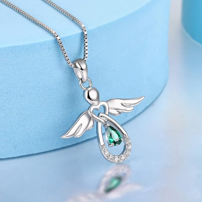 FJ Guardian Angel Necklace 925 Sterling Silver Birthstone Pendant Angel Jewelry Gifts for Women