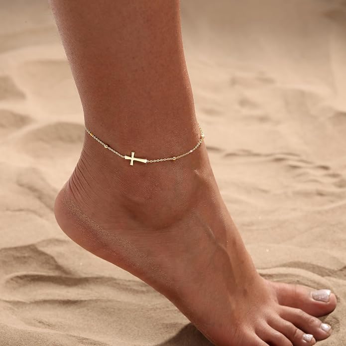 Ankle Bracelets for Women 14K Gold/Silver Plated Cross Heart Bead Anklet Waterproof Adjustable Chain Non Tarnish Cute Boho Trendy Dainty Summer Beach Foot Jewelry Gift for Her