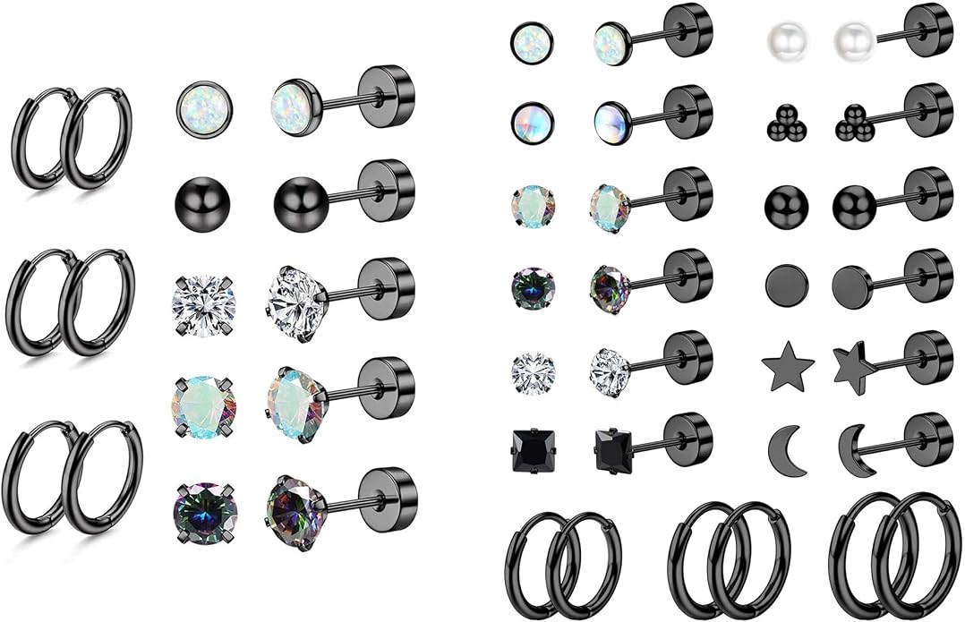 Jstyle 23 Pairs Black Hypoallergenic Stainless Steel Earrings Set Flat Back Studs and Hoops for Sensitive Ears 20G Cartilage Helix Tragus Lobe Piercing Jewelry for Women Men