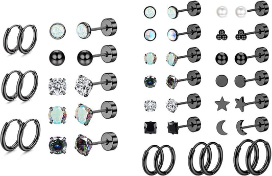 Jstyle 23 Pairs Black Hypoallergenic Stainless Steel Earrings Set Flat Back Studs and Hoops for Sensitive Ears 20G Cartilage Helix Tragus Lobe Piercing Jewelry for Women Men