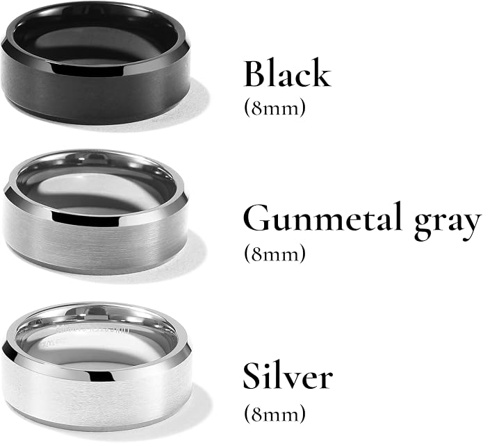 King Will Tungsten Men's Wedding Ring - Available in 6mm to 10mm, Black/Silver, Matte Finish, Beveled Polished Edge, Comfort Fit