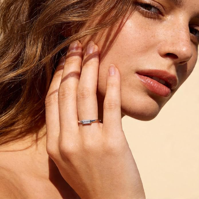 Baguette Moissanite Rings for Women: 925 Sterling Silver Baguette Ring Stackable 0.75CT White Gold-plated Jewelry for Her Anniversary Engagement Gift