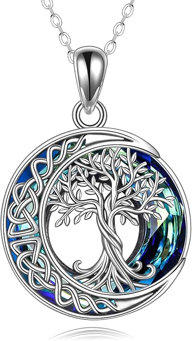 Tree of Life Necklaces S925 Sterling Silver Crystal Tree of Life Pendant Necklace Celtic Knot Moon Tree of Life Jewelry for Women Gifts