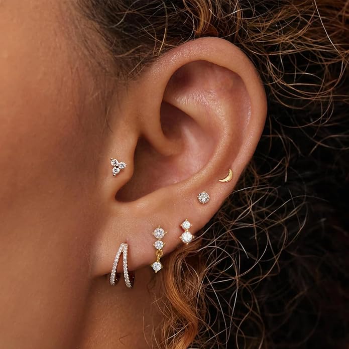6 Pairs 14K Gold Plated Stud Earrings for Women, Hypoallergenic Cartilage Earrings for Multiple Piercing, Dainty Small Stackable Earrings Set for Jewelry Gift