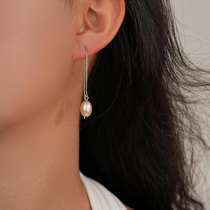 JaruJaru Vermeil Chain Freshwater Pearl Earrings for Women, Gold Threader Earrings, Gold plated on S925 Sterling Silver, Hypoallergenic Thread Through Dangle Earrings