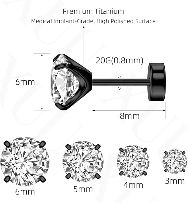 XUU Flat Back Stud Earrings, Implant Grade Titanium Earrings Set for Women, Hypoallergenic 20G Screw Back Earrings for Sensitive Ears, 3–6mm CZ Crystal, Gold Silver Black