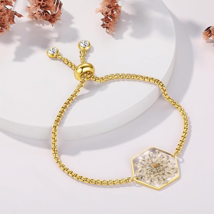 AUNTESIGN Forget-Me-Not Pressed Wildflower Bracelet | Pressed Flower Bracelet | Gold/Silver Pressed Flower Jewelry | Personalized Handmade Jewelry | Gift For Women