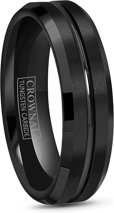 CROWNAL 4mm 6mm 8mm 10mm Black Tungsten Wedding Band Ring Men Women Beveled edges Polished Grooved Center Comfort Fit Size 4 To 17